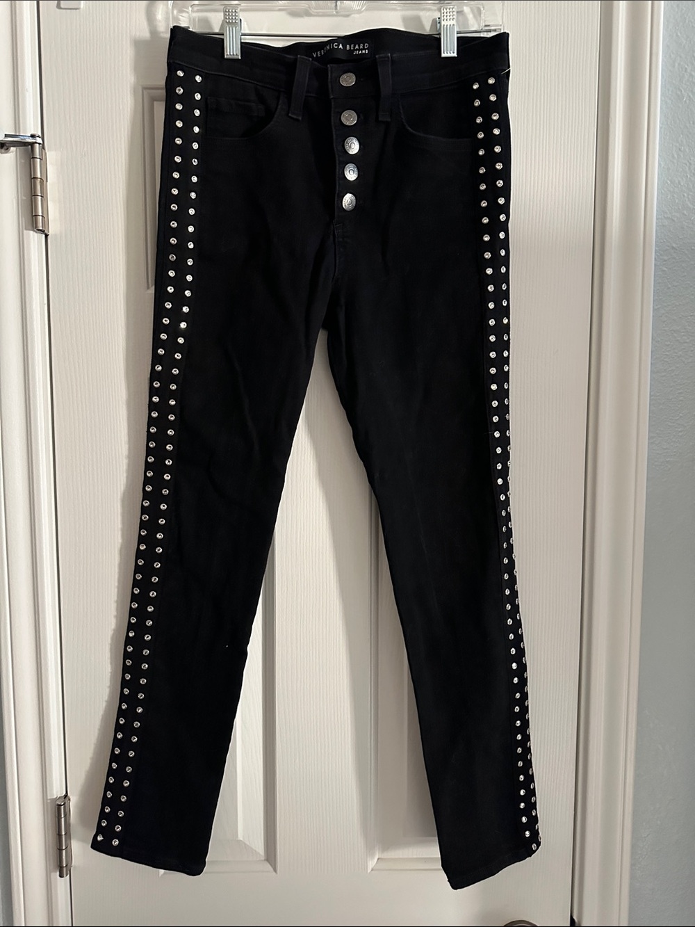 Veronica Beard Studded Rhinestone Raven Black Button Fly Skinny Jeans Women’s 28